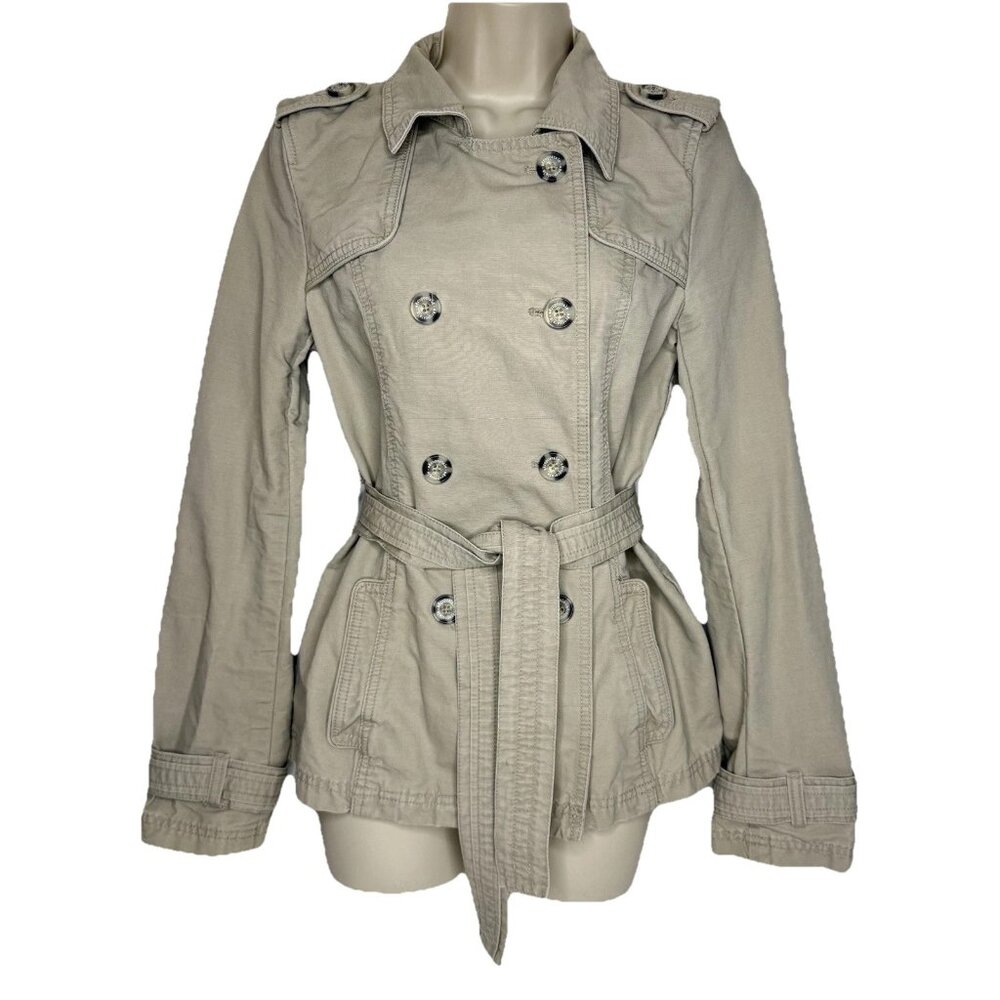 Aeropostale Women Beige Utility Jacket M Belt Tie Double Breasted Travel Hiking